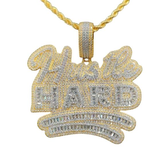 14K Yellow Gold Finish Hustle Hard  - Free 24inch x 3mm Rope Chain. - Picture 7 of 8